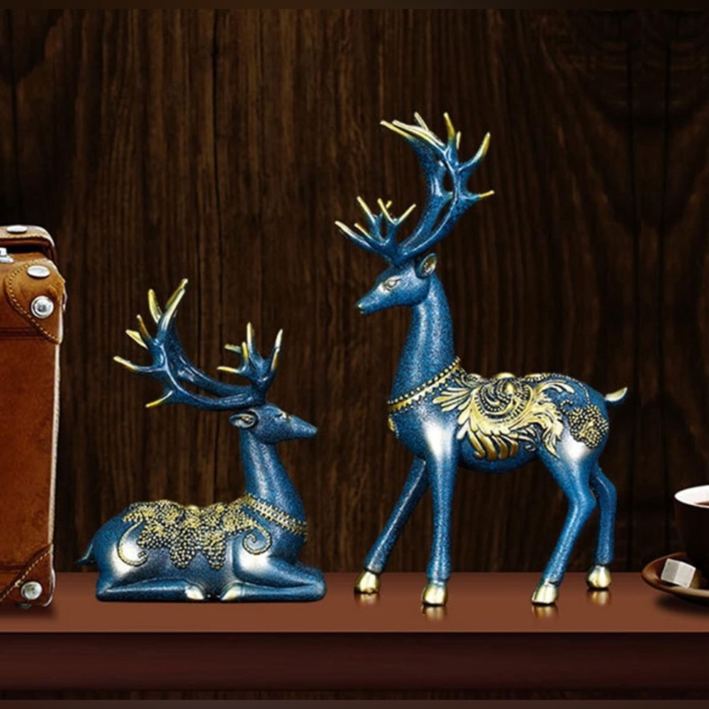 2 Pc Elk Deer Blue Holiday Decor Statues